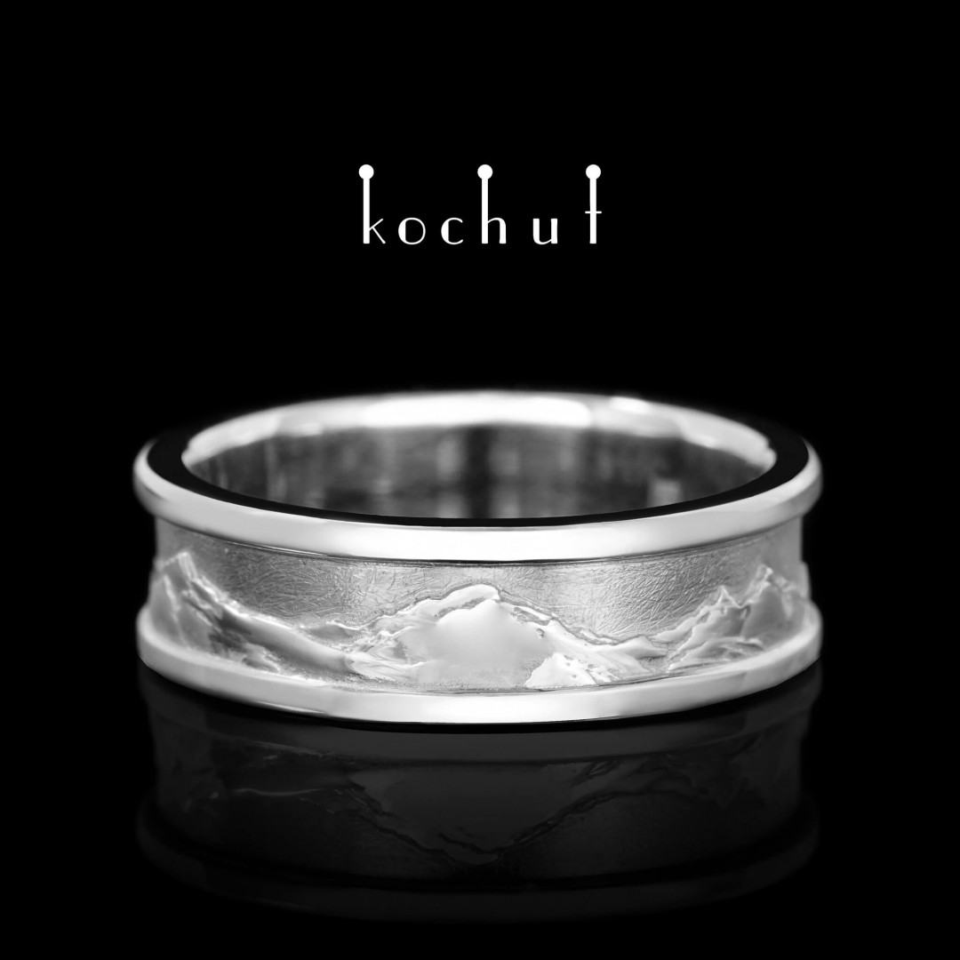 Wedding ring «Peaks of Love». White gold, white rhodium