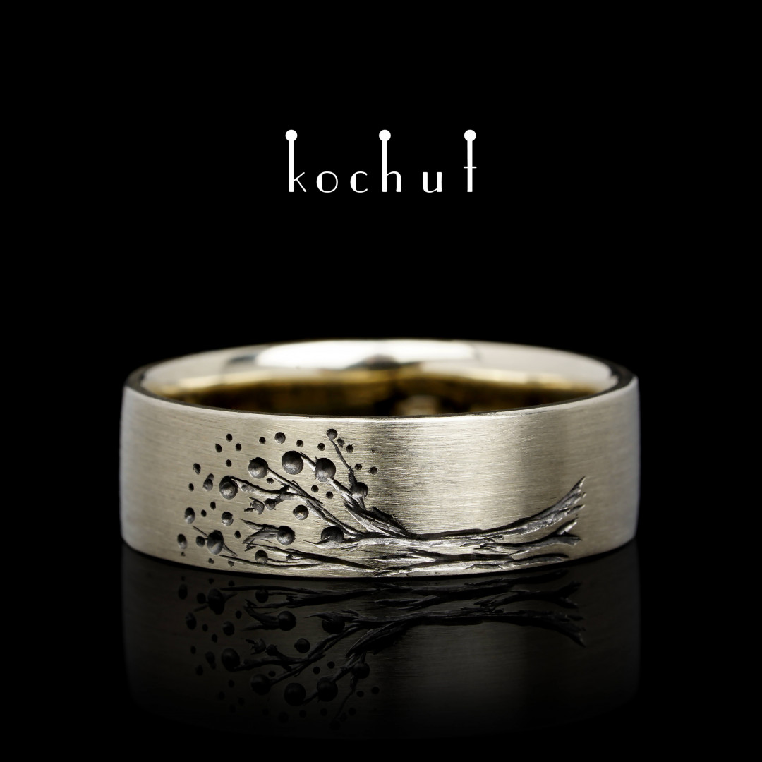 Flat-shaped wedding ring «Tree of Life: halves». White gold, black rhodium