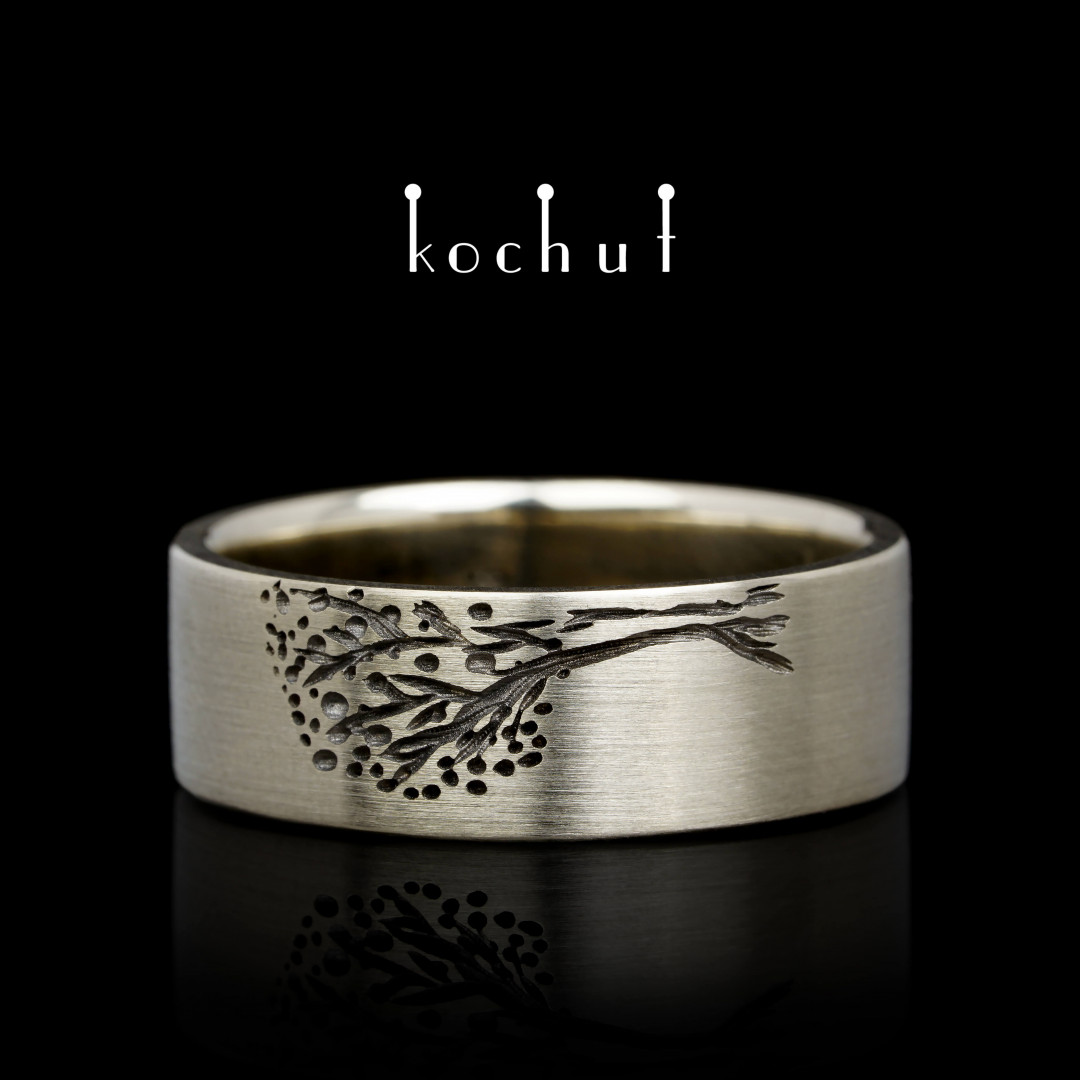 Flat-shaped wedding ring «Tree of Life: halves». White gold, black rhodium