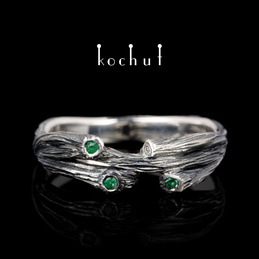Ring «Twig: revival». Silver, emeralds, oxidized