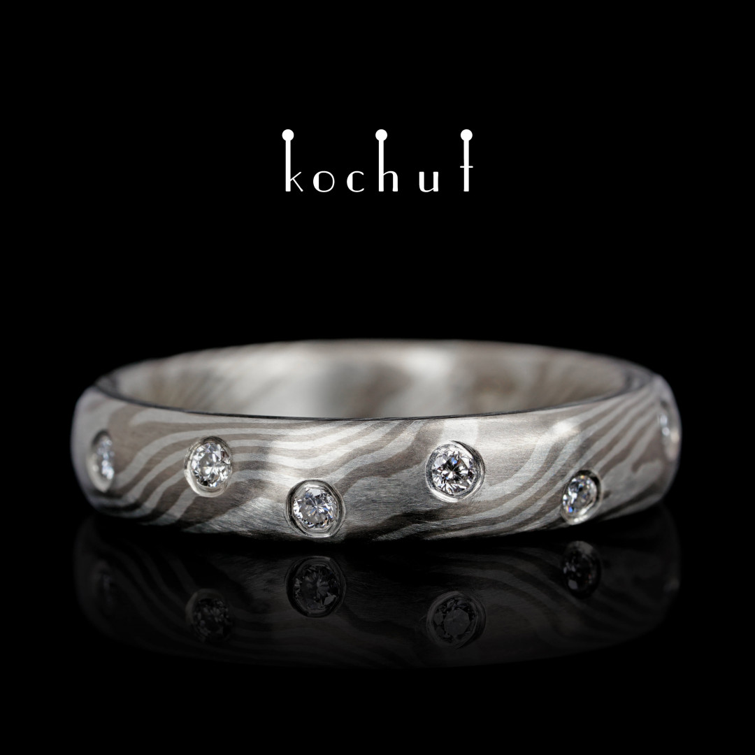 Mokume wedding ring «Renai». Palladium gold, silver, diamonds