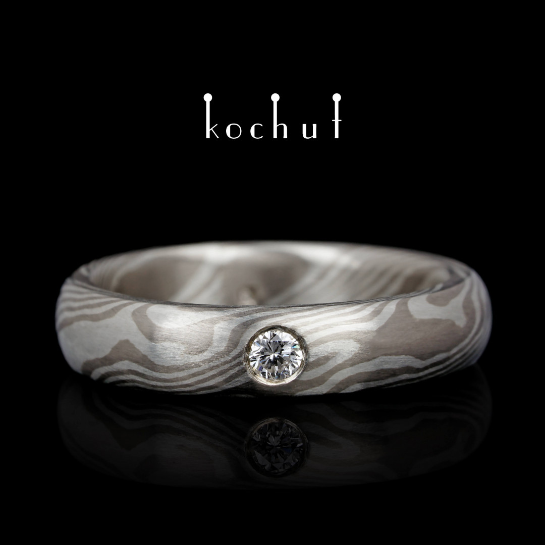 Mokume wedding ring «En». Palladium gold, silver, diamond
