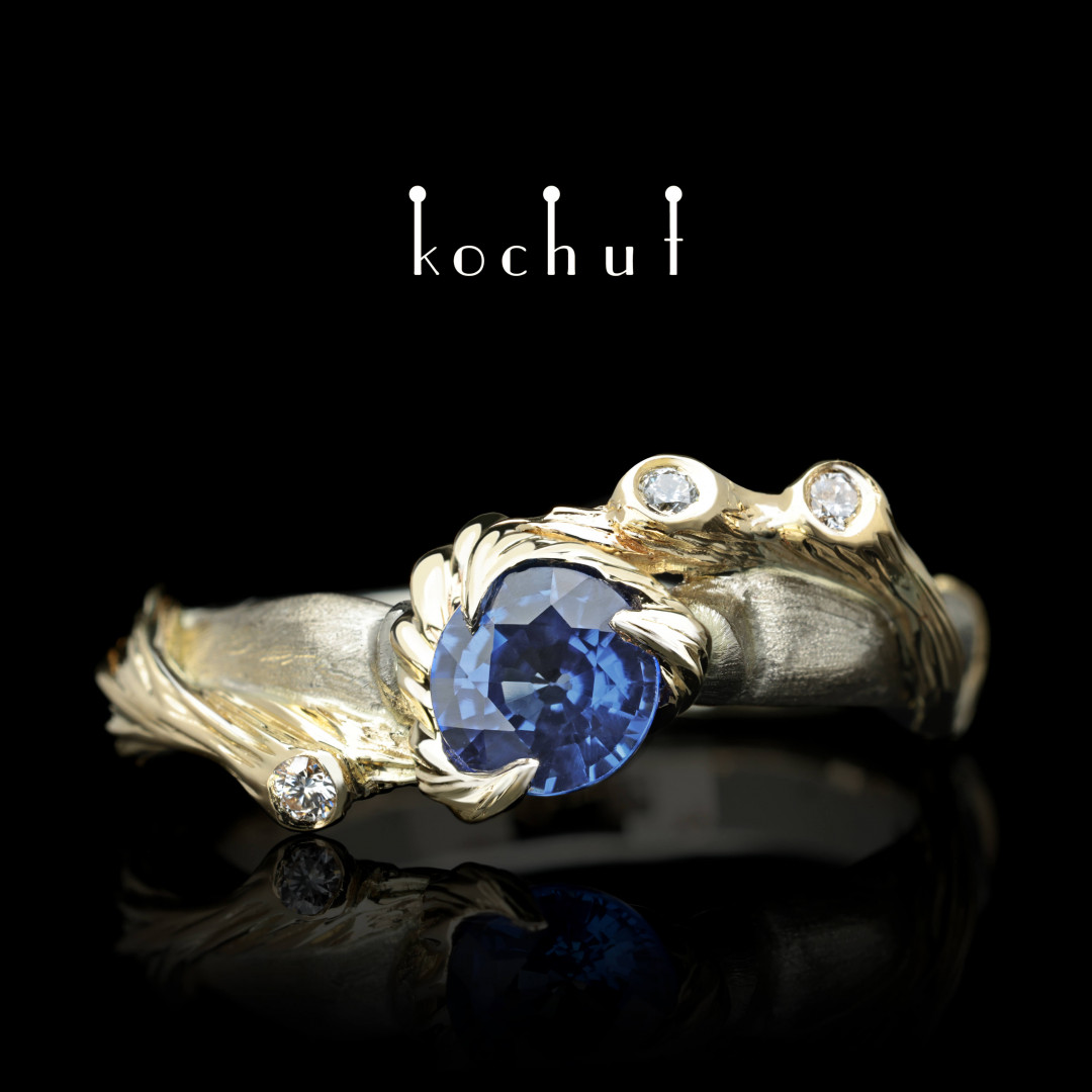 Engagement ring «Atlantis». White, yellow gold, cornflower sapphire, diamonds