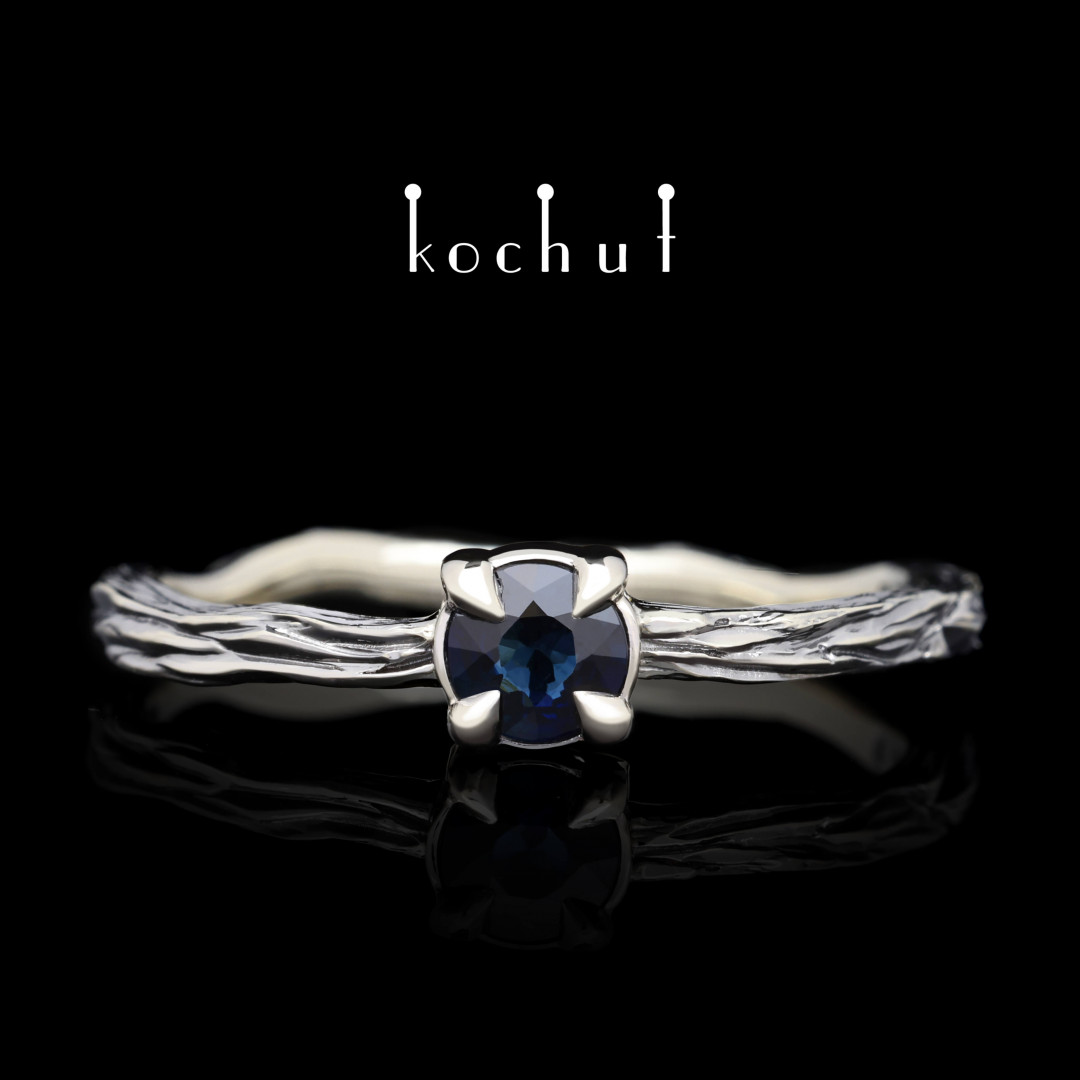 Ring «Winter twig». White gold, sapphire, black rhodium