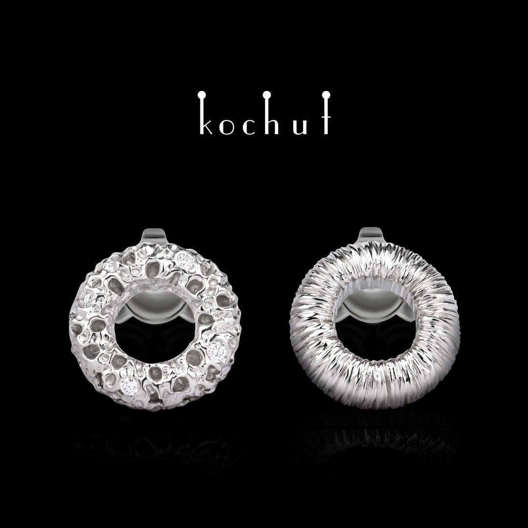 Earrings «Space Mirage». White gold, diamonds, white rhodium