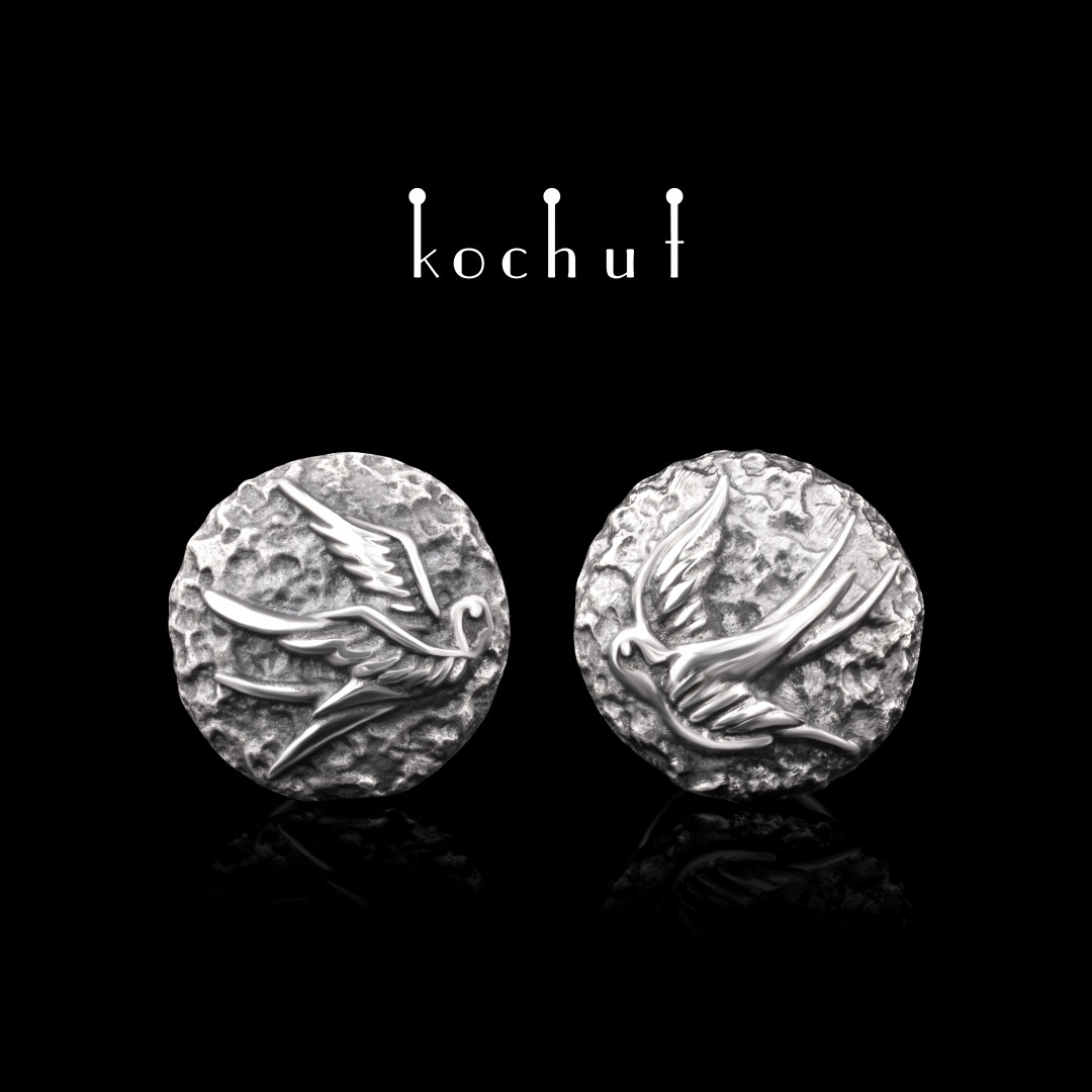 Stud earrings «Swallows». Silver, oxidized