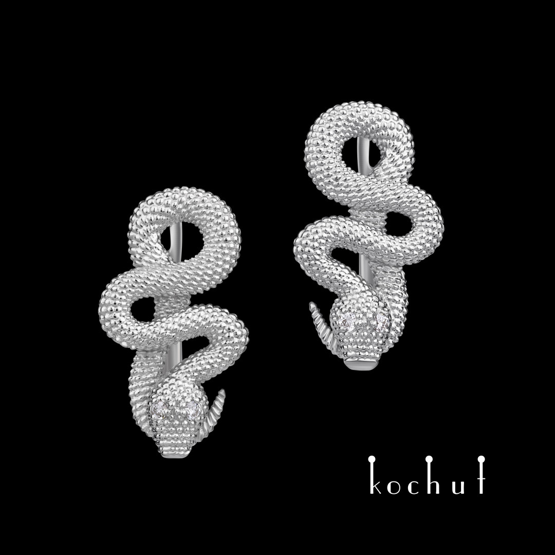 Earrings «Love of the shrew». White gold, white rhodium, diamonds