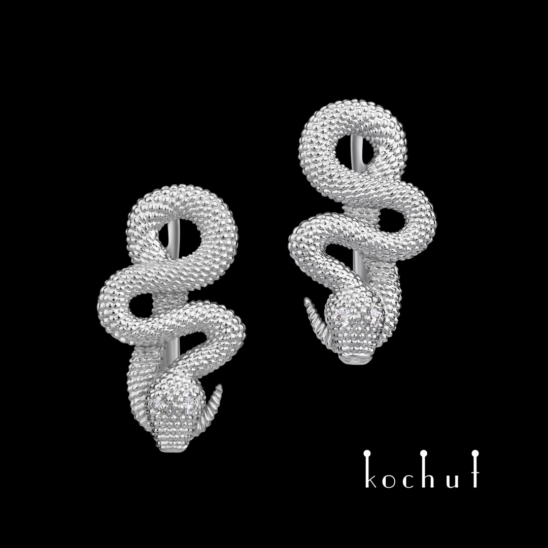 Earrings «Love of the shrew». White gold, white rhodium, diamonds