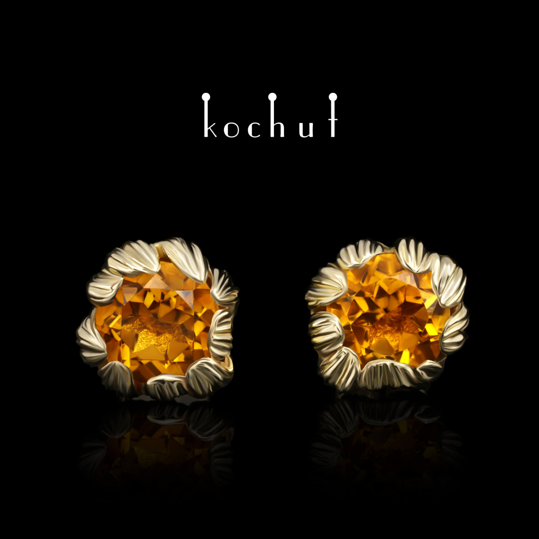 Stud-earrings «Peony». Yellow gold, citrine