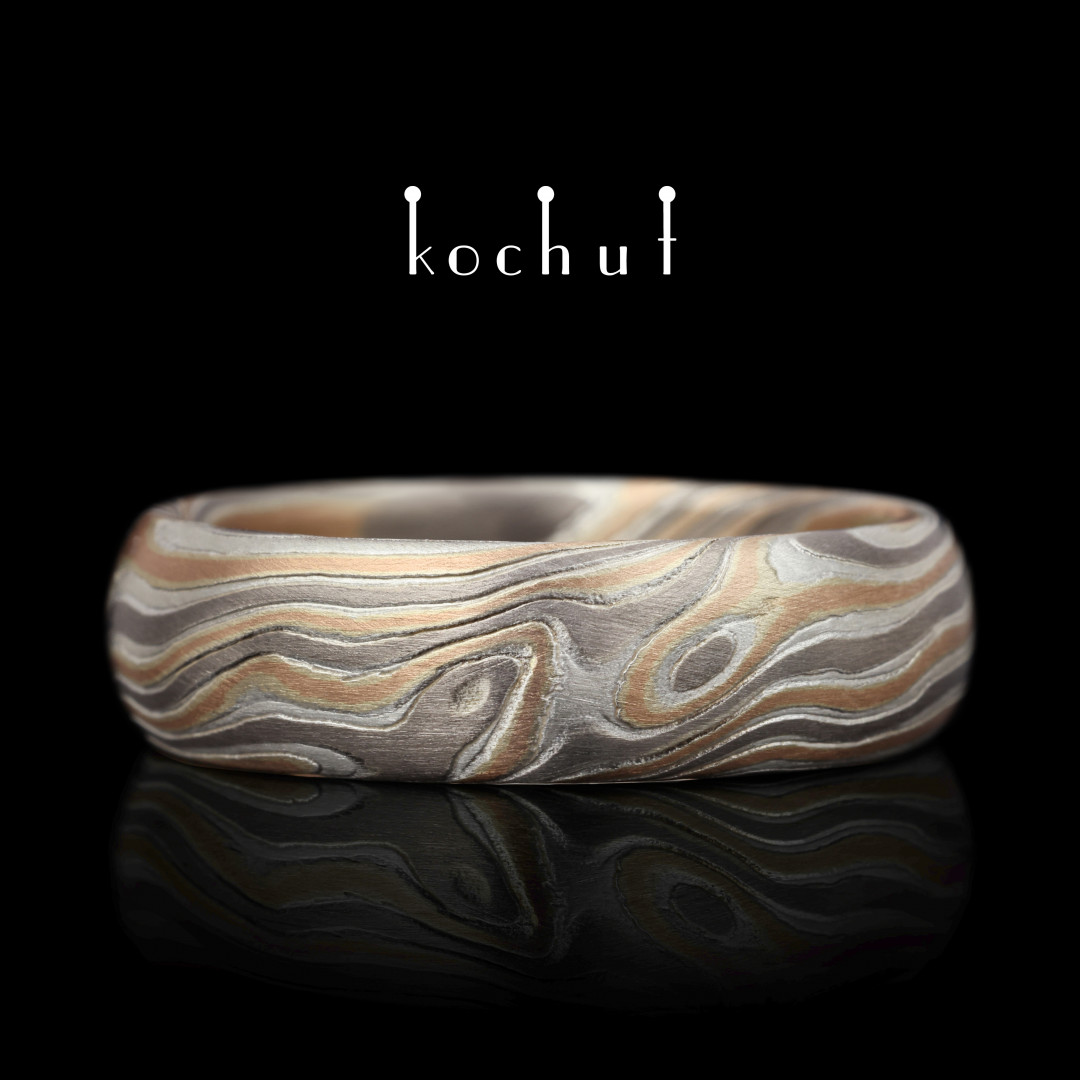 Mokume wedding ring «Sophora». Palladium gold, red gold, etched silver