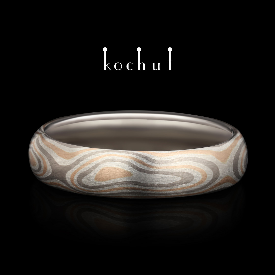 Mokume wedding ring «Hinoki». Palladium gold, red gold, silver