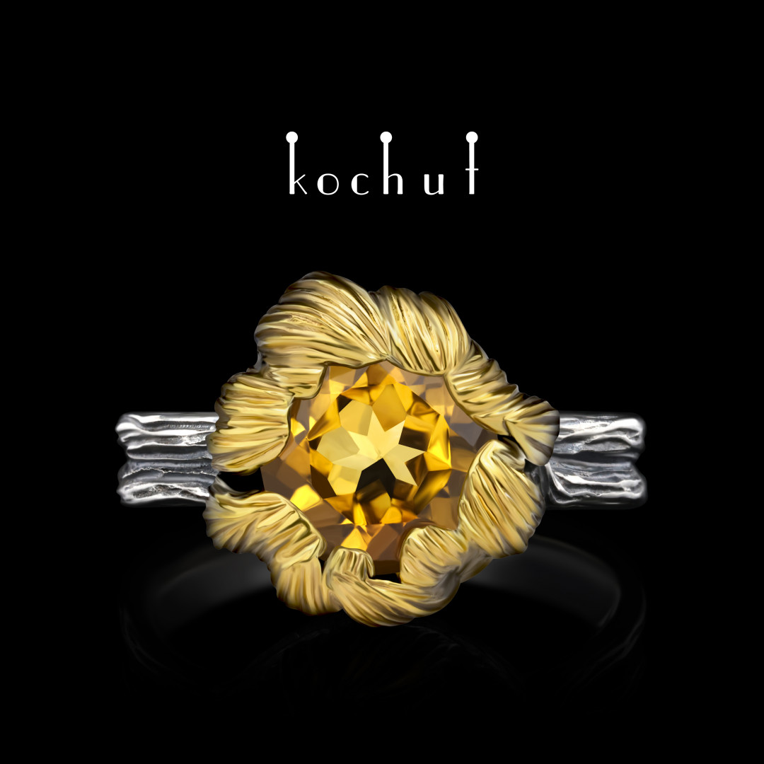 Ring «Peony». Silver, citrine, oxidized, gilding