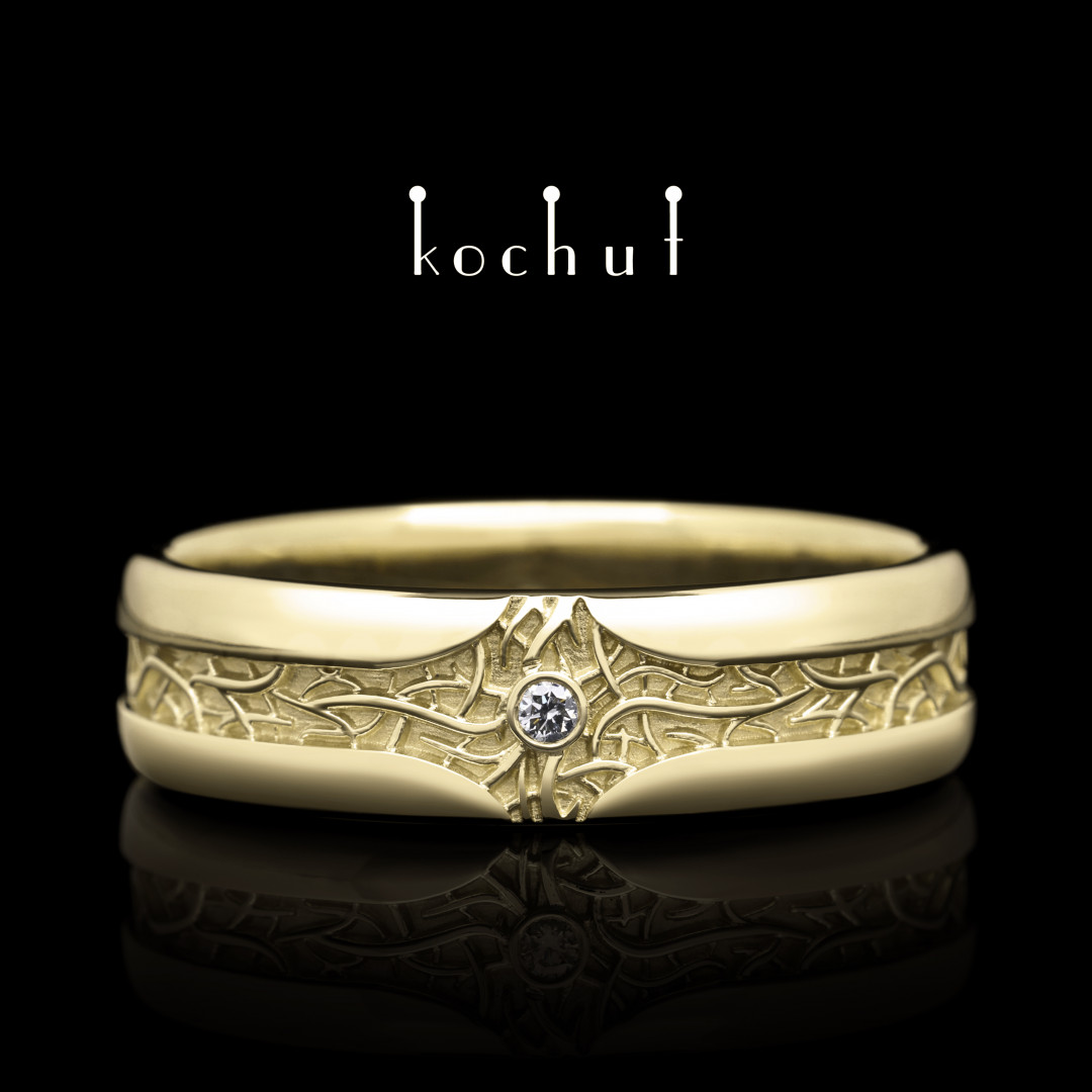 Wedding ring «Noble roots». Yellow gold, diamond